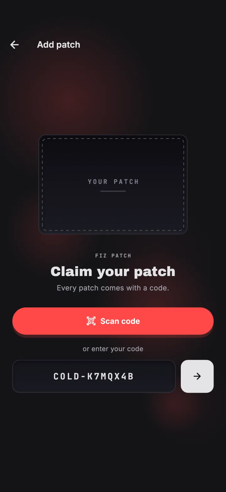 Claim your patch in Fiz: scan the code or type it in.