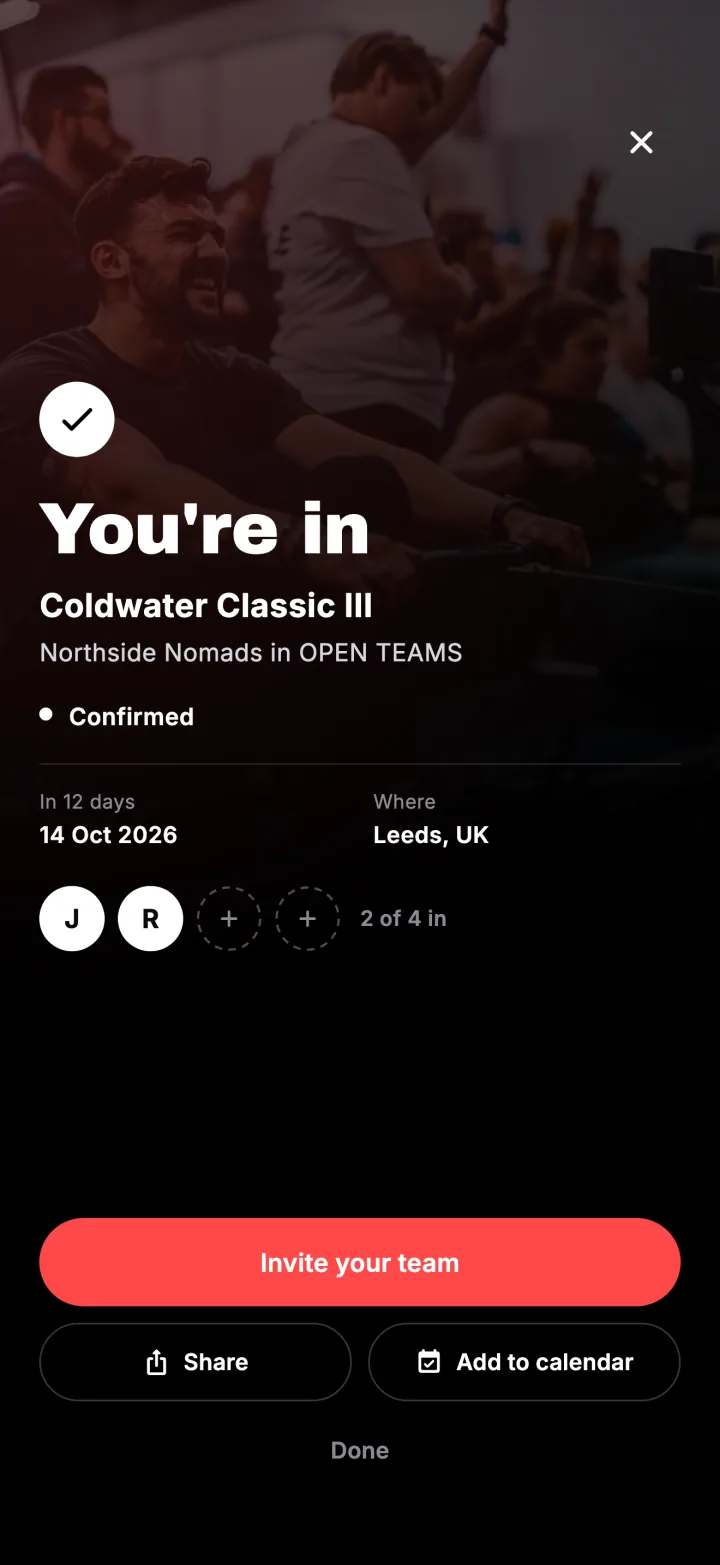 The confirmation in Fiz after signing up: You're in, with the team and an Invite your team button.