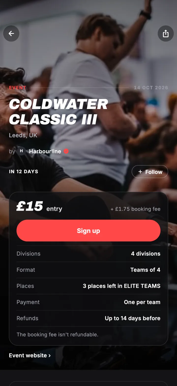 An event page in Fiz with a £15 entry, a Sign up button, the divisions and the refund policy.