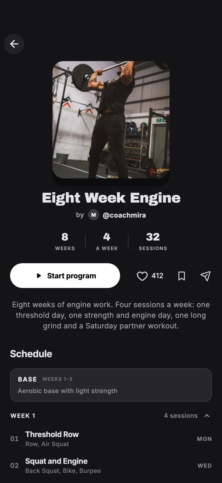 A program page in Fiz with its cover, coach, length and the first week's sessions.