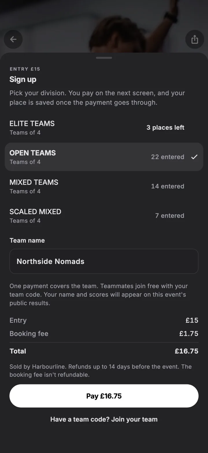 The sign-up sheet in Fiz: four divisions, a team name, and the entry price, booking fee and total.