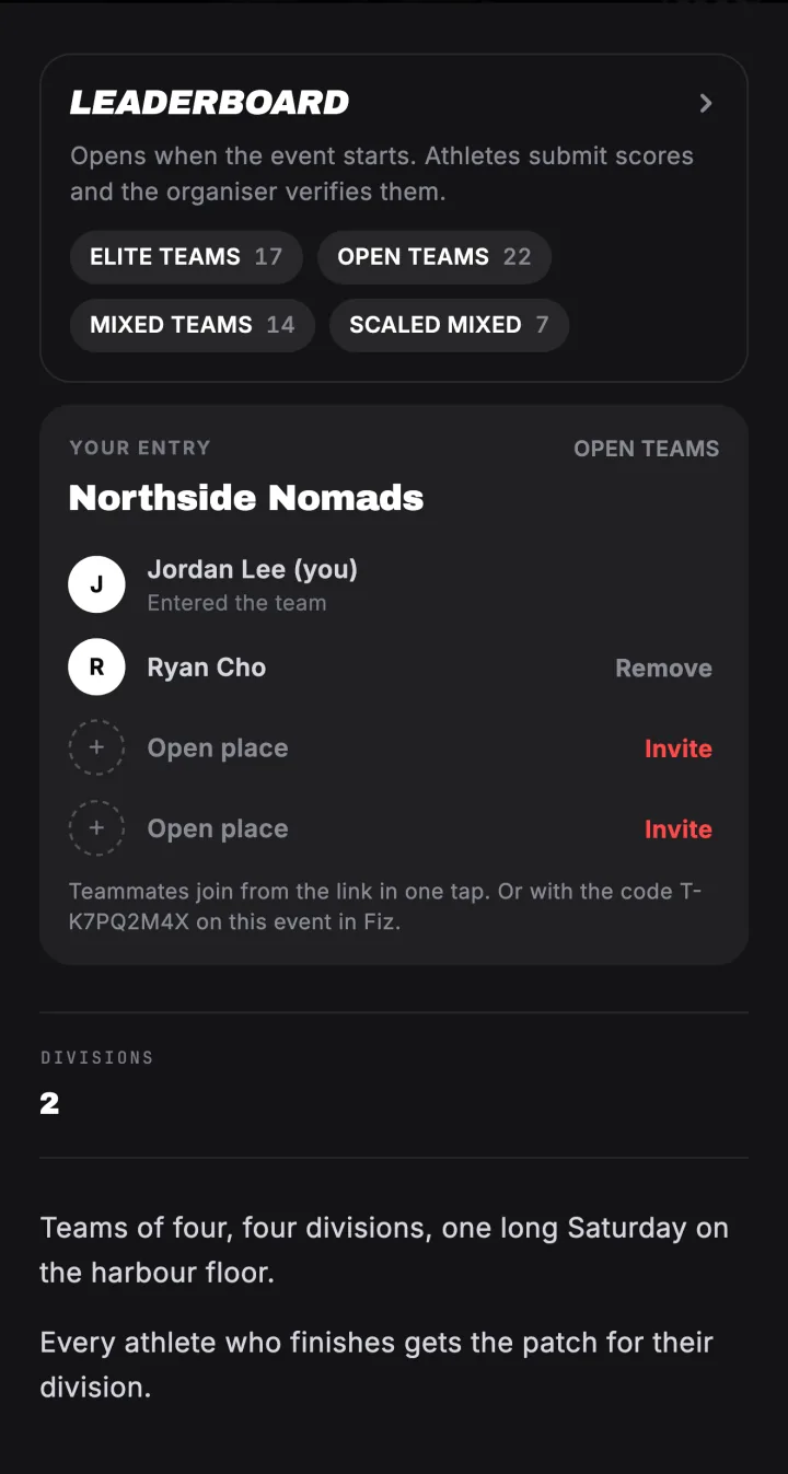 Your entry on the event page: your team, the open places and an Invite button for each.