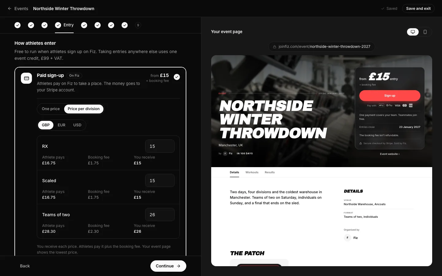 How athletes enter, with Paid sign-up priced per division and what the athlete pays and you receive for each.