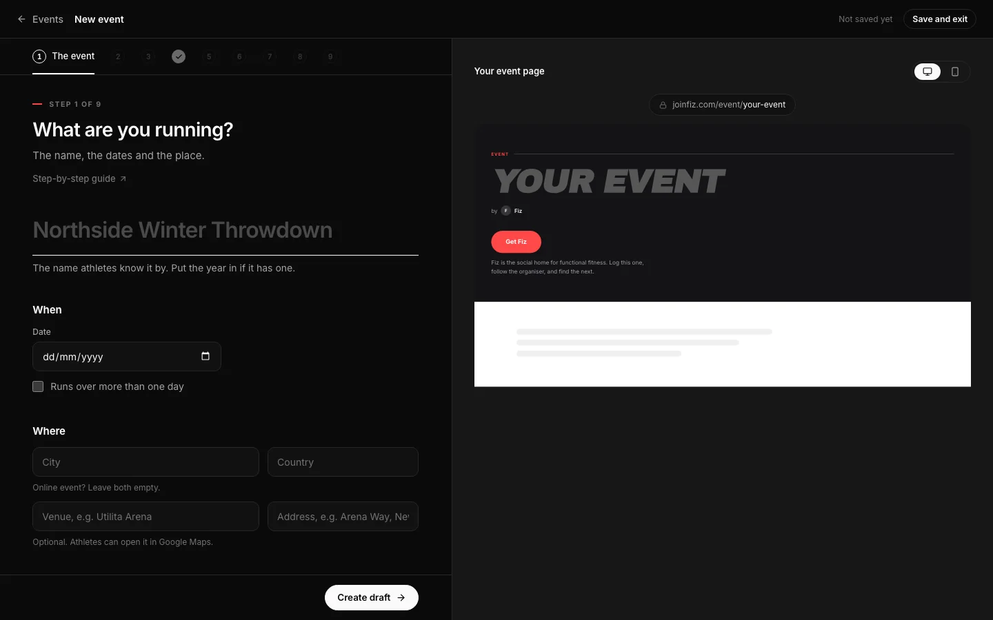 The first step of the event setup in the Fiz dashboard.