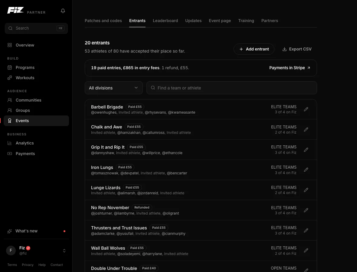 The Entrants tab: Add entrant, Export CSV and every entrant, with places still waiting shown as Invited athlete.