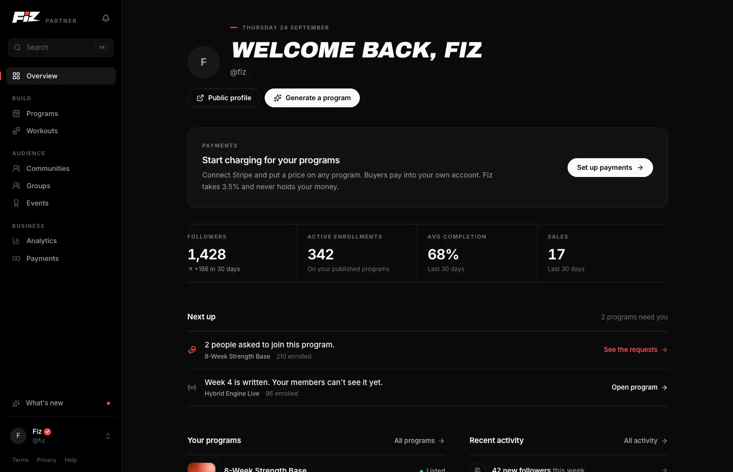 The Fiz partner dashboard for a coach's program